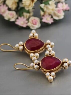 Vintage Ruby Pearl Drop Earrings